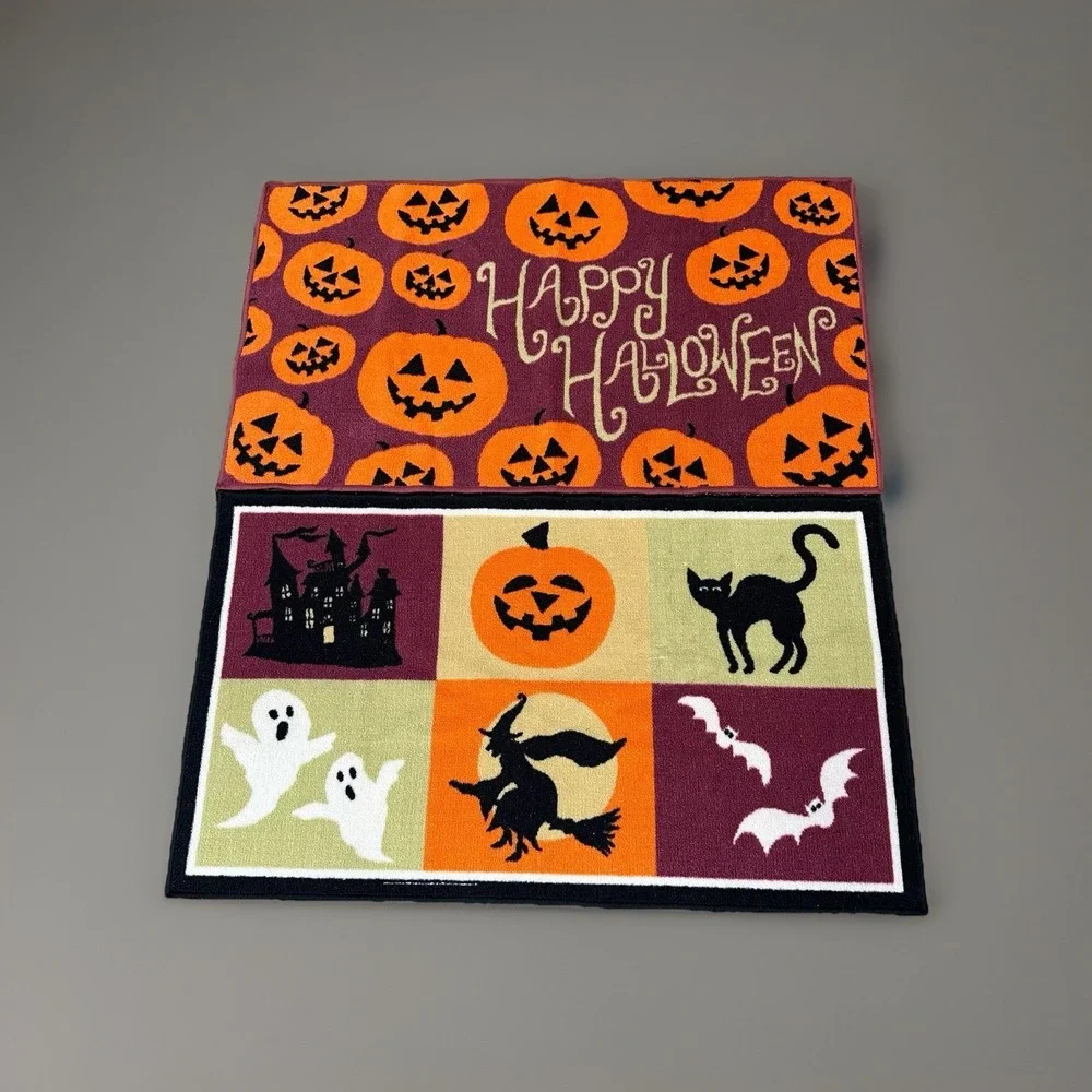Lot of 2 Halloween Accent Rugs Doormats Pumpkins, Ghosts, Witch, Black Cat 45x26
